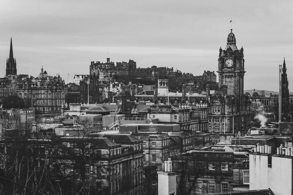 Black and white image of Edinburgh with Edinburgh Castle