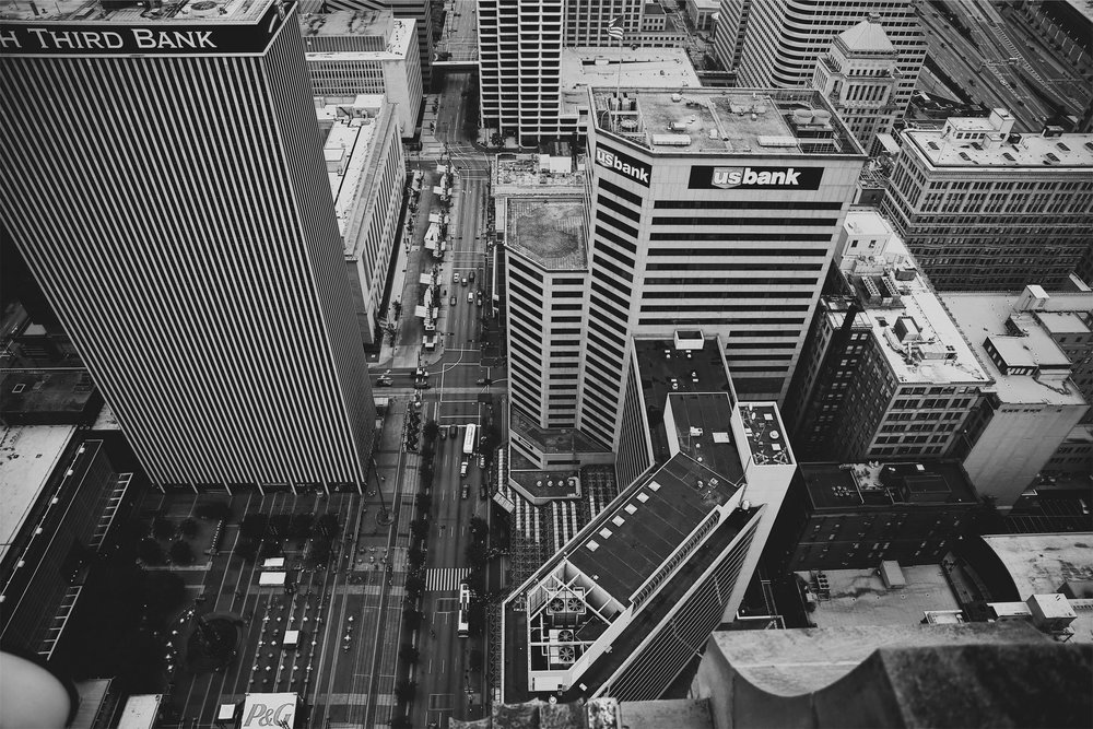 Black and white high and angled image of skyscrapers